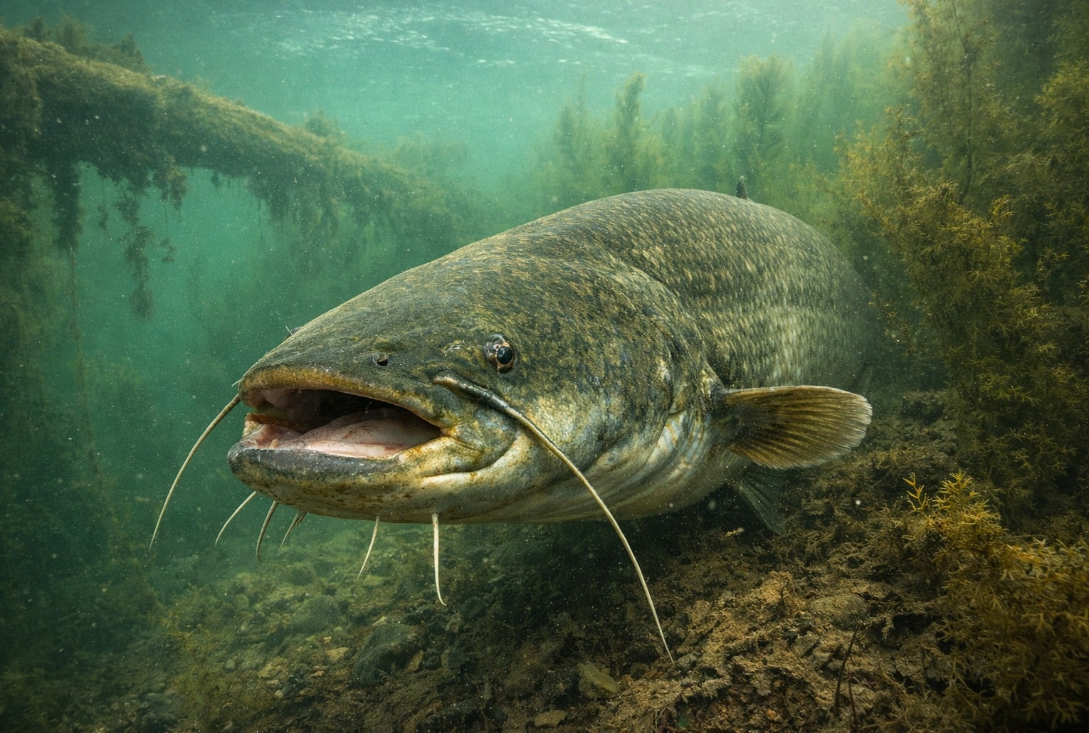 Un silure glane (Silurus glanis) nage dans son milieu naturel, sous l’eau, au-dessus d’un fond de rivière avec végétation aquatique.