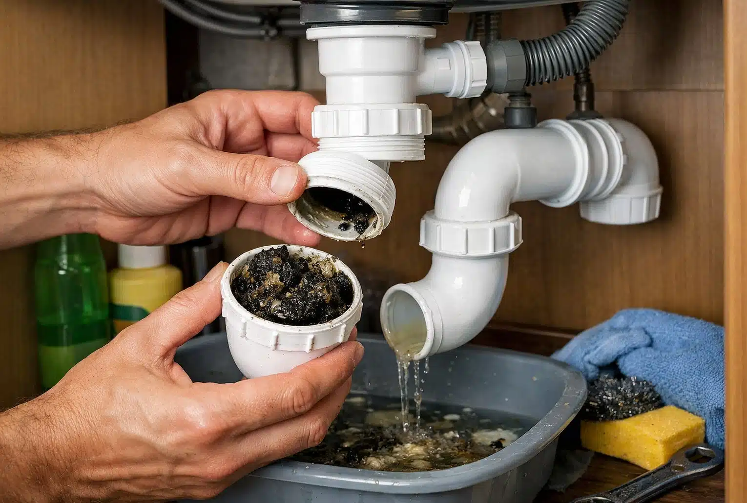 Nettoyage du siphon sous un évier de cuisine pour éliminer une mauvaise odeur évier cuisine