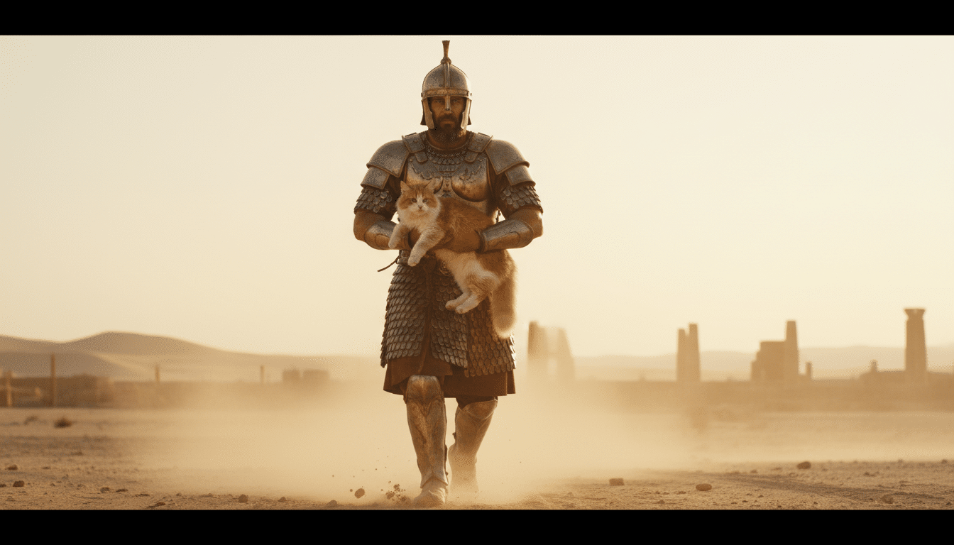 Soldat perse tenant un chat en armure antique