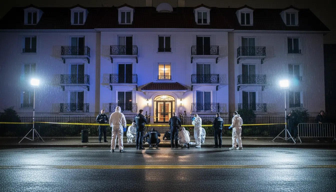 Enquêteurs devant un immeuble résidentiel de Nice