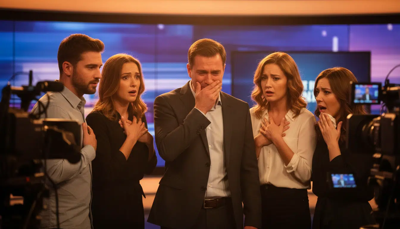 Présentateur ému en direct sur un plateau télévisé