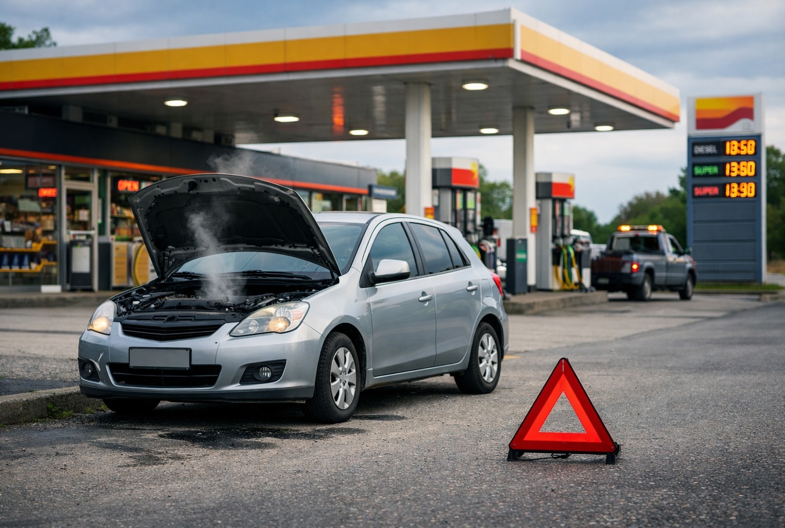 Véhicule en panne près d’une station essence, sans présence humaine visible, après un plein problématique