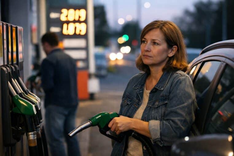 Hausse du carburant : une automobiliste fait son plein dans une station-service presque vide