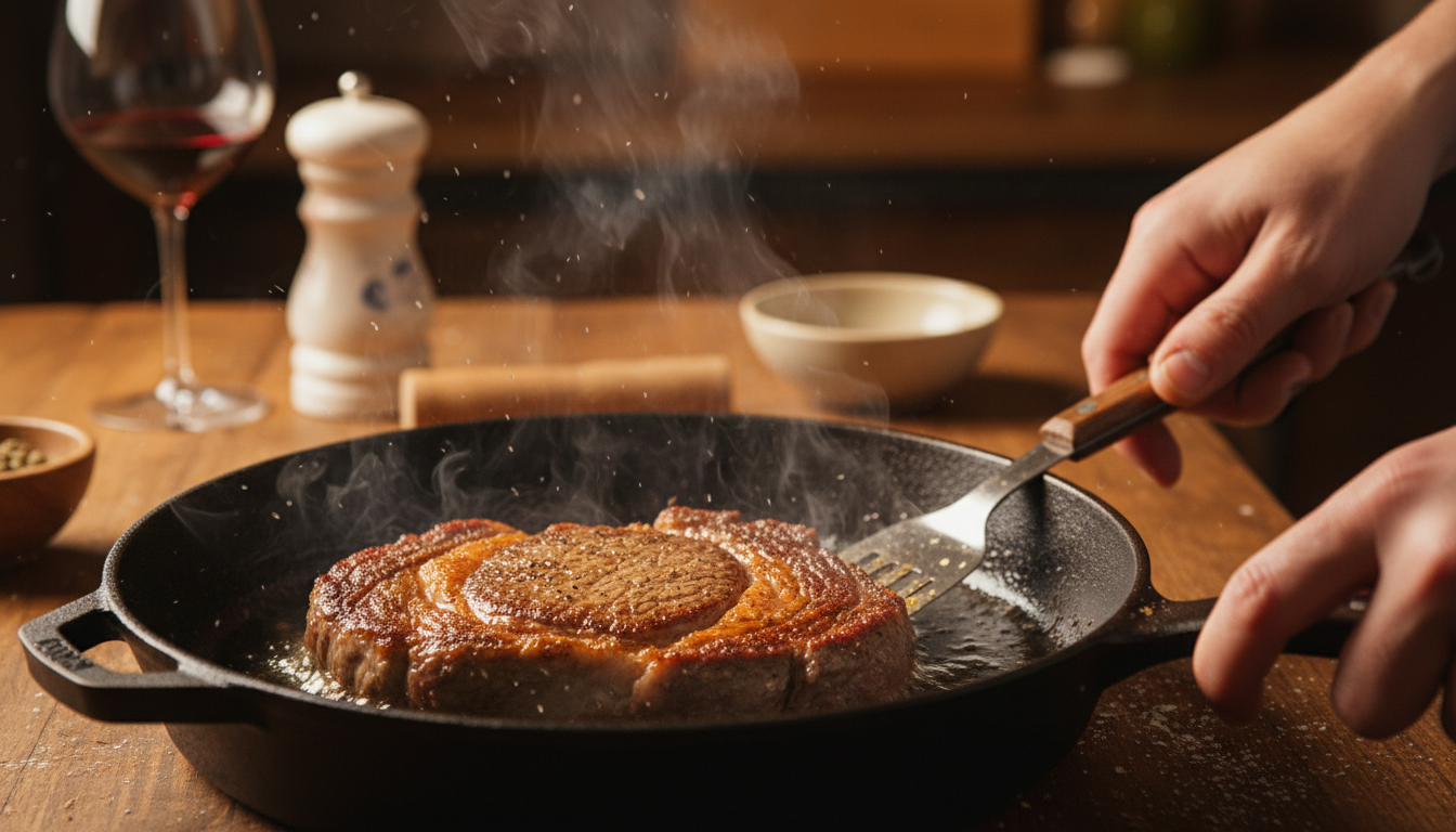 Steak doré en train de saisir dans une poêle