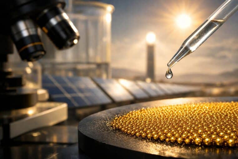 Suprasphères plasmoniques en or déposées sur une surface en laboratoire devant une installation solaire