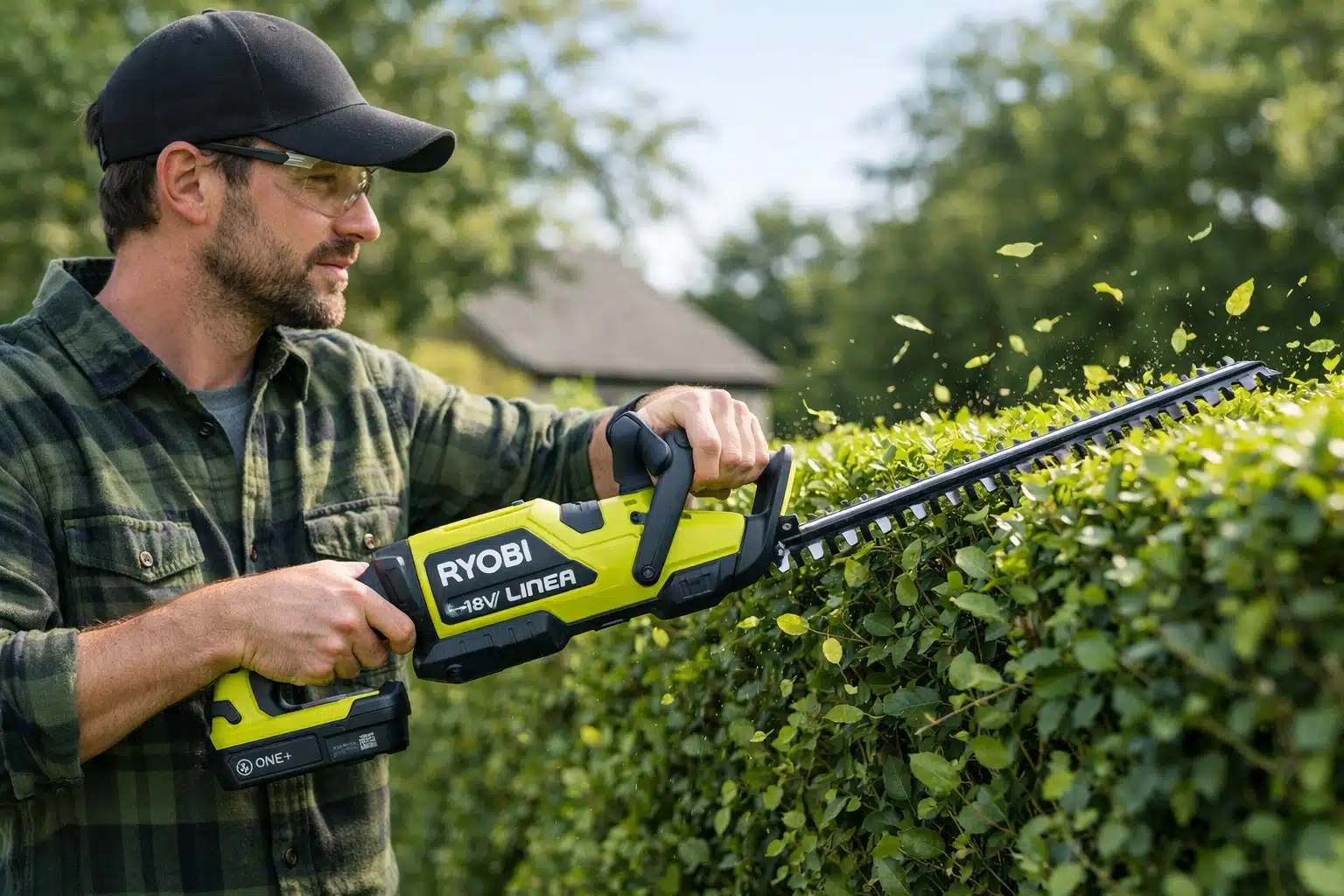 Taille-haie Ryobi LINEA 18V utilisé pour l’entretien d’une haie dans un jardin