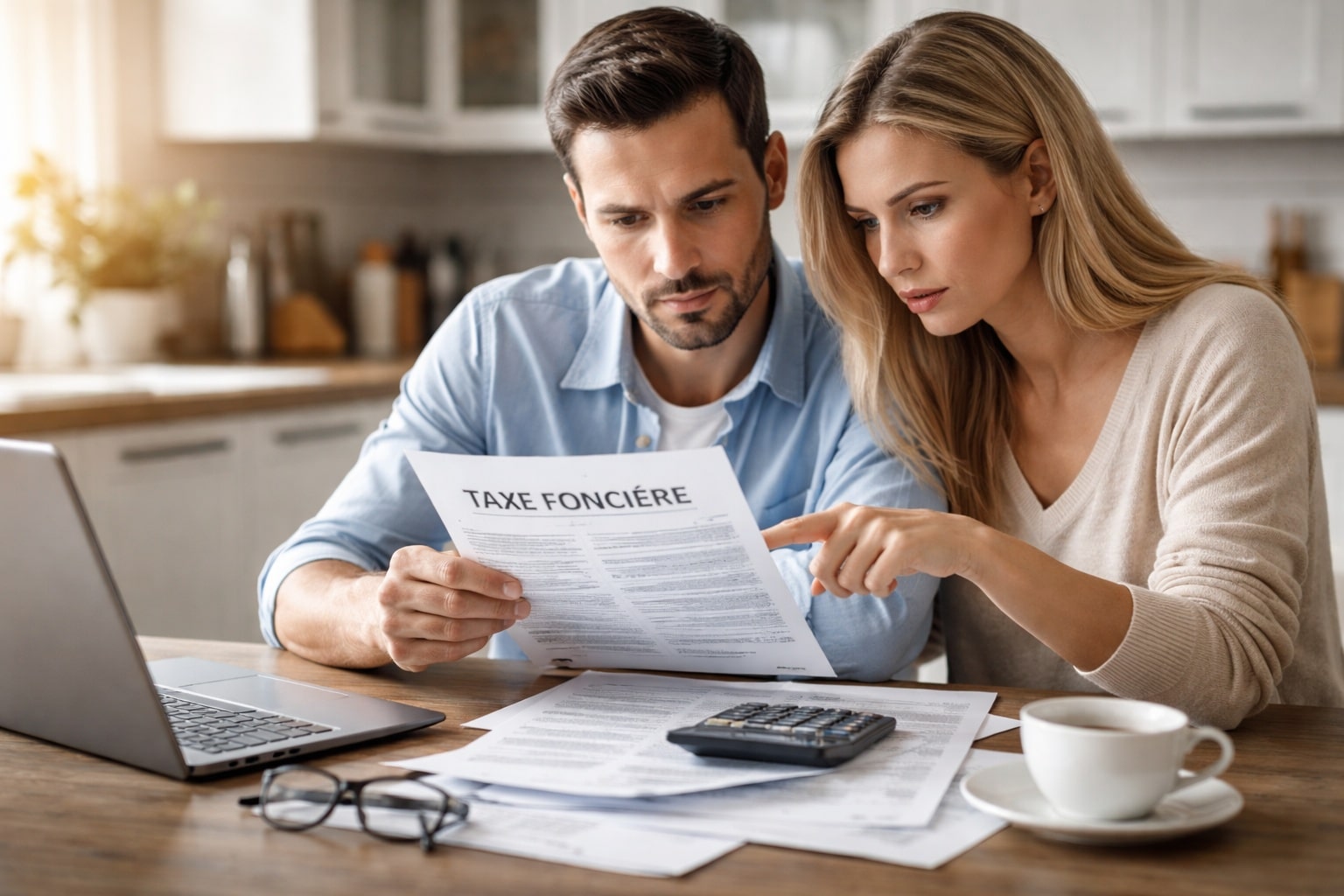 Couple consultant un document de taxe foncière à domicile avec ordinateur portable et calculatrice