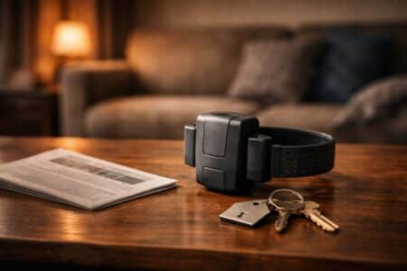 Bracelet électronique, clés et document sur une table, symbole d’une condamnation à domicile après un braquage