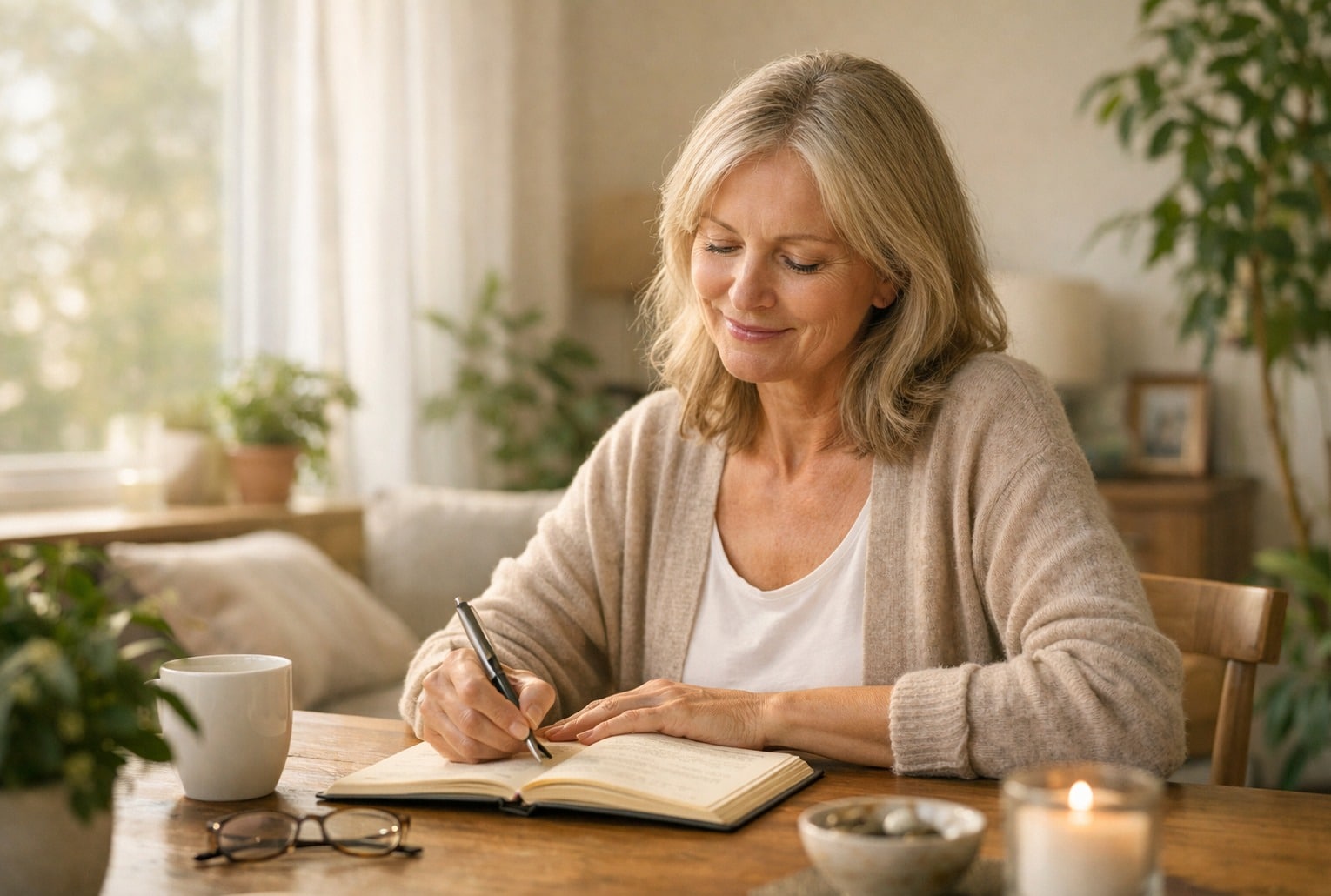 Femme d’environ 55 ans écrivant dans un carnet chez elle, scène apaisante liée à la peur de vieillir après 50 ans.