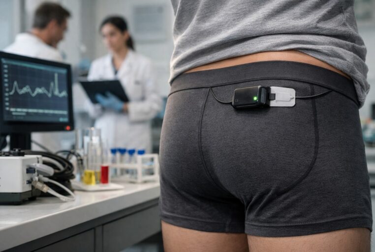 Sous-vêtement “intelligent” équipé d’un capteur discret en laboratoire, utilisé pour mesurer les flatulences au quotidien.