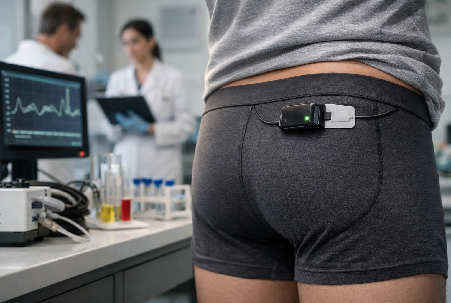 Sous-vêtement “intelligent” équipé d’un capteur discret en laboratoire, utilisé pour mesurer les flatulences au quotidien.