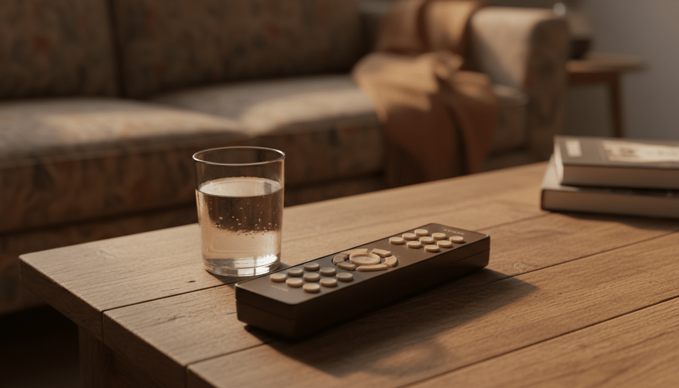 Télécommande vintage sur table basse lumière dorée