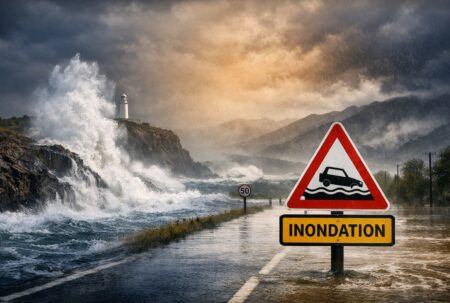 Tempête Regina : vagues frappant une côte et route inondée, sous un ciel chargé de pluie et de poussières sahariennes.