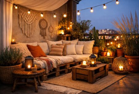 Déco terrasse bohème petit budget : balcon cosy avec banquette en palettes, tapis en jute, coussins et guirlandes lumineuses au coucher du soleil.