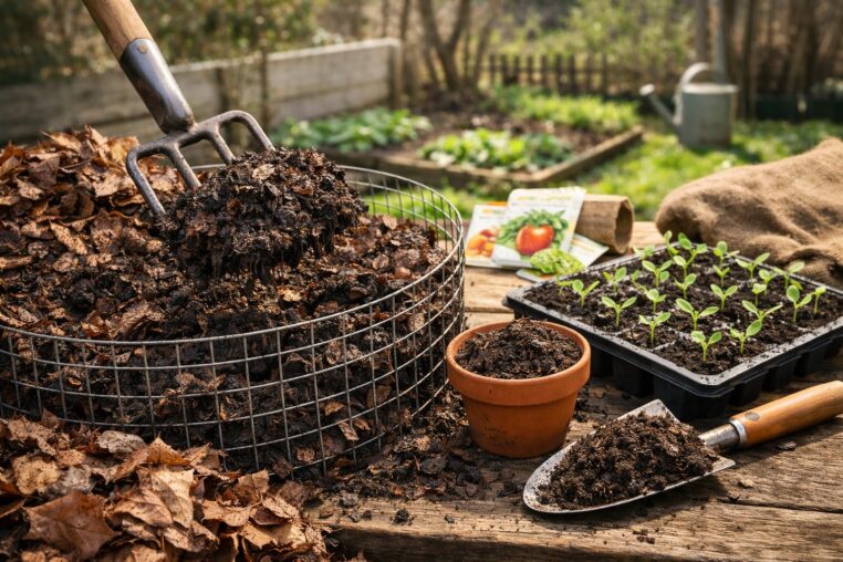 terreau de feuilles mortes prêt pour les semis de printemps dans un potager familial