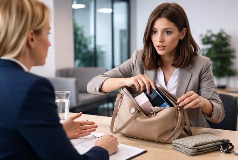 Test du sac à main en entretien d’embauche : une candidate ouvre son sac face à une recruteuse dans un bureau.