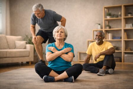 Test de verticalisation pratiqué par des seniors dans un intérieur calme