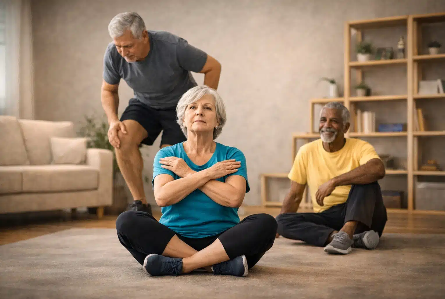 Test de verticalisation pratiqué par des seniors dans un intérieur calme