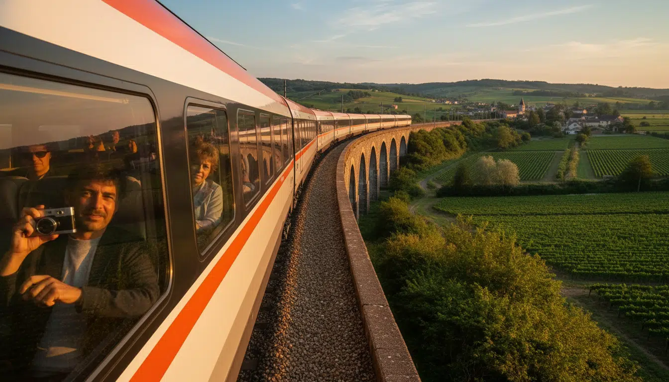 TGV orange 1980 en campagne, passagers souriants.