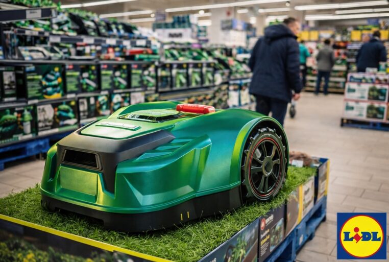 Tondeuse robot Parkside exposée en magasin Lidl, avec le logo Lidl en bas à droite.