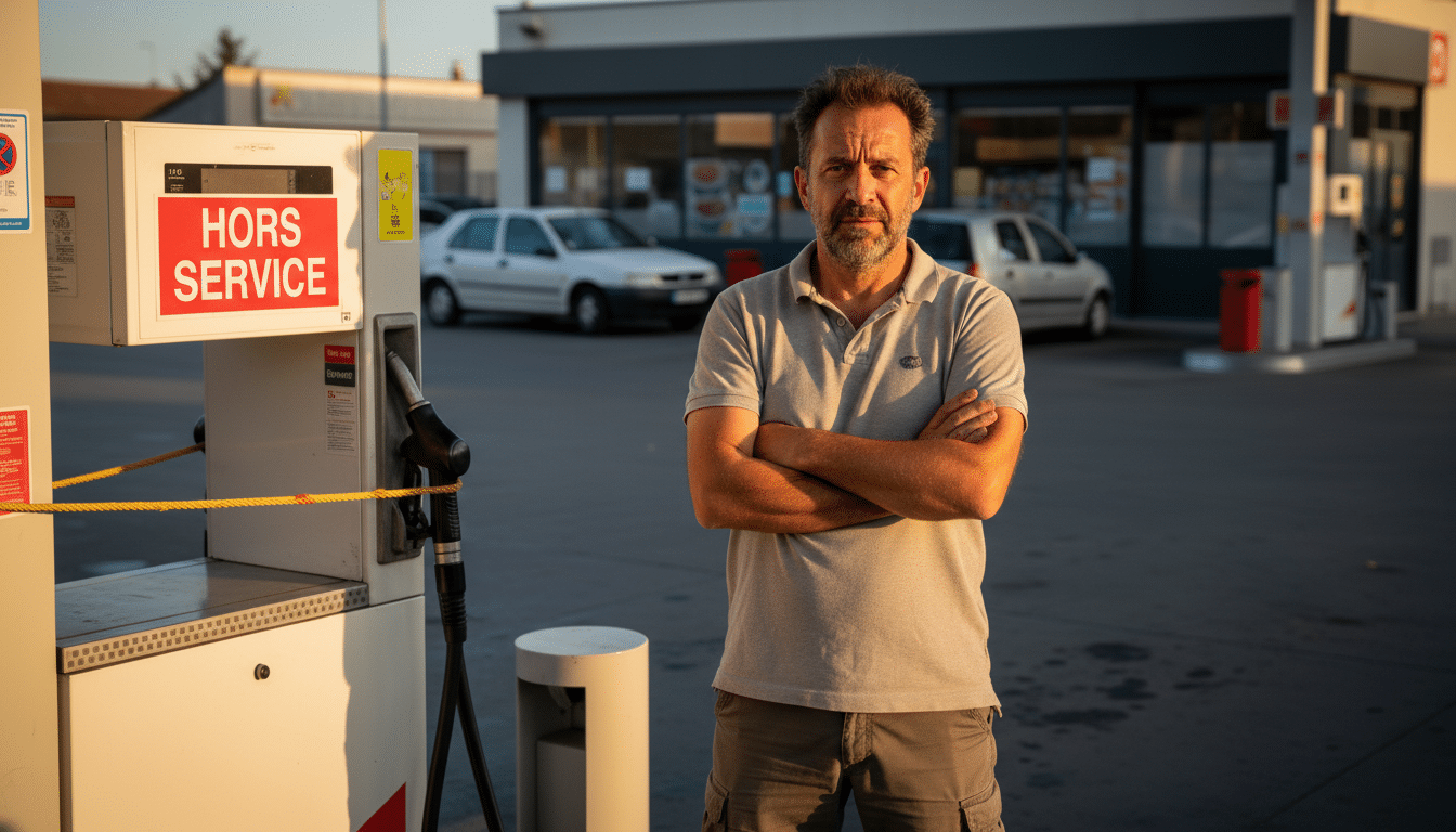 Automobiliste frustré devant une pompe hors service