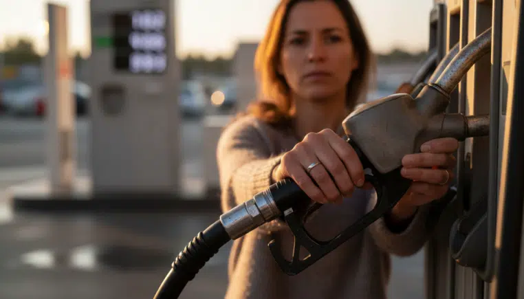 Femme faisant le plein dans une station-service