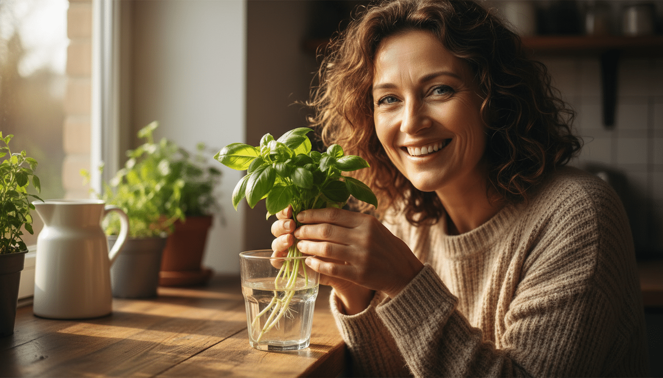 Femme souriante tenant des tiges de basilic frais