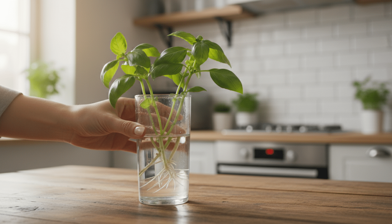 Mains plongeant des boutures de basilic dans un verre d'eau
