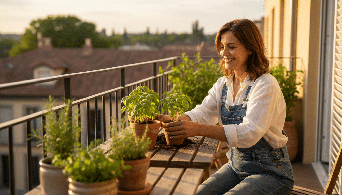 Femme entretenant ses plants de basilic sur un balcon