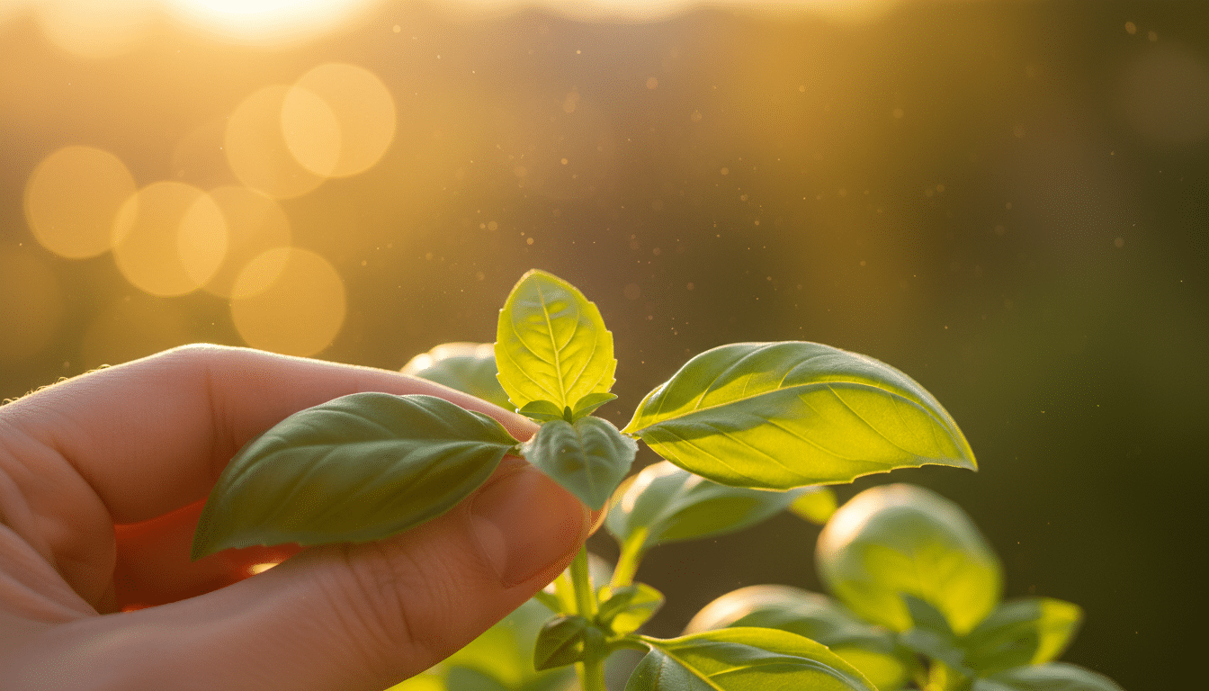 Gros plan sur une tige de basilic pincée au soleil