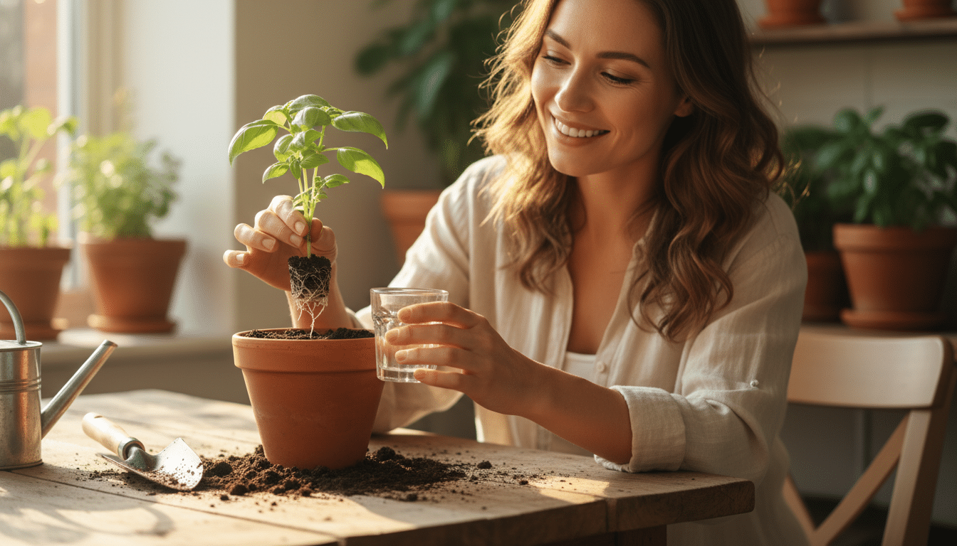 Femme repiquant une bouture de basilic en terre