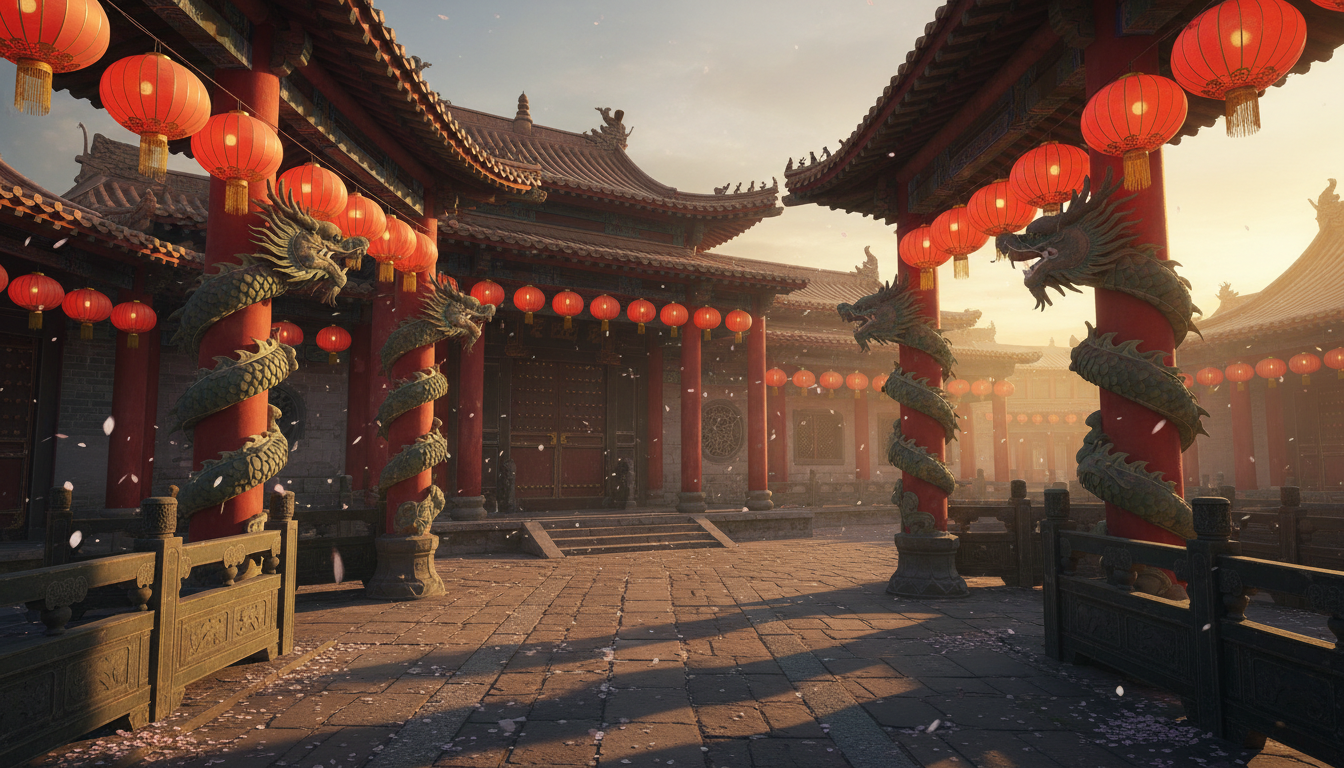 Traditional Chinese temple entrance at golden hour, red paper lanterns hanging in rows, dragon sculp