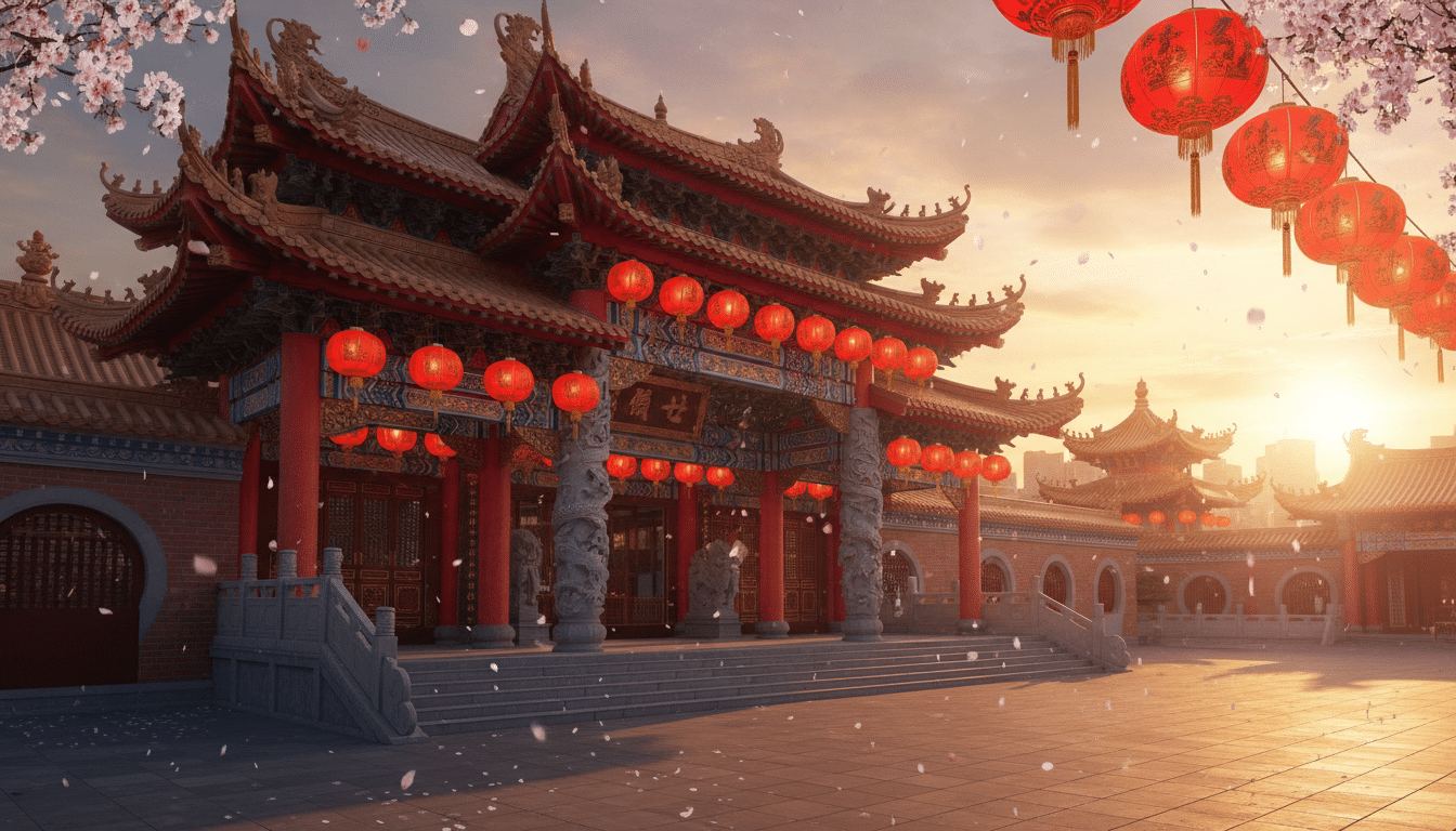 Traditional Chinese temple entrance at golden hour, red paper lanterns hanging in rows, dragon sculp