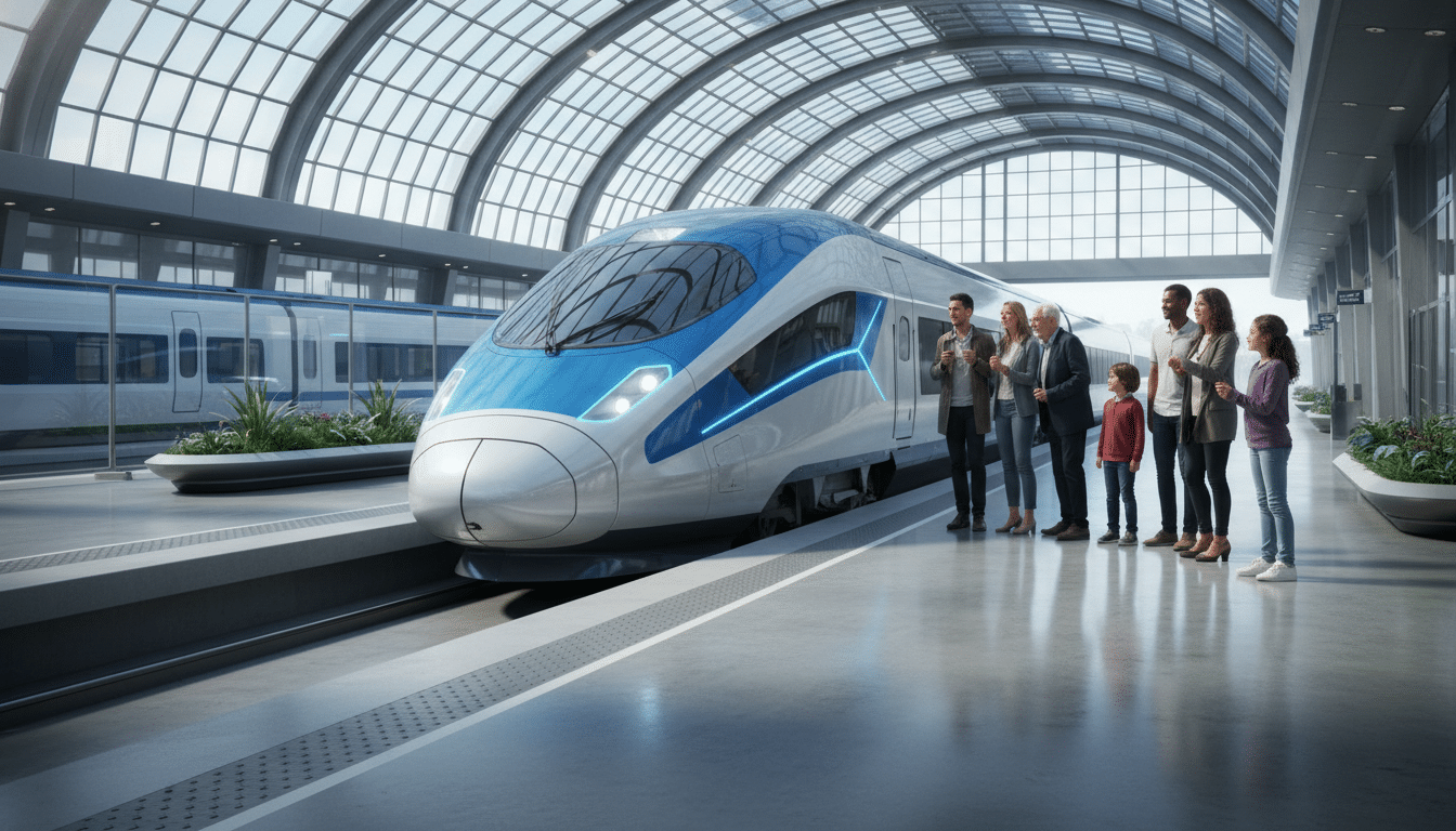 Train TGV futuriste en gare, voyageurs admiratifs.