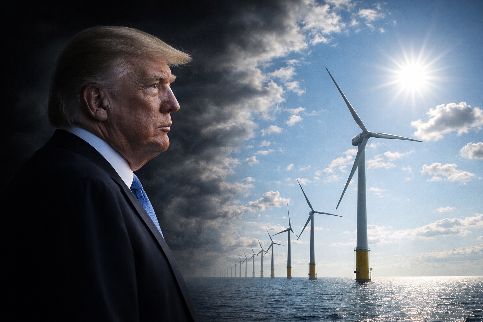 Donald Trump face à des éoliennes offshore, dans une composition photoréaliste opposant ombre politique et horizon énergétique