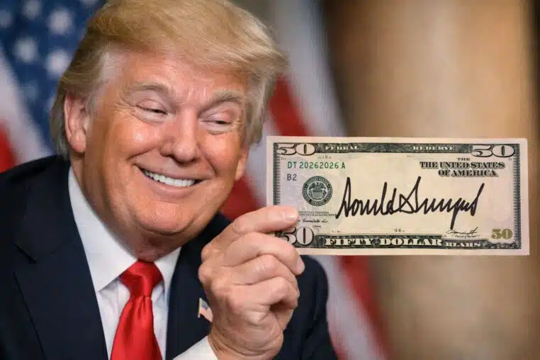 Donald Trump souriant devant un billet de 50 dollars portant sa signature