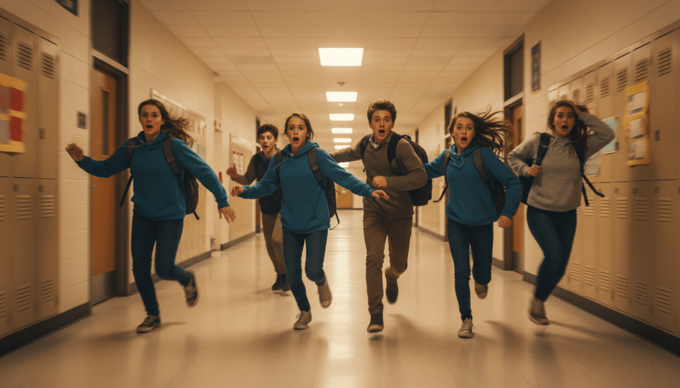 Adolescents en fuite dans un couloir scolaire