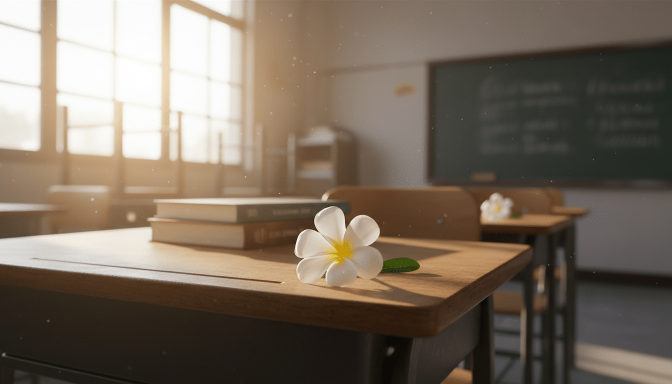 Fleur blanche posée sur un bureau en hommage à une victime