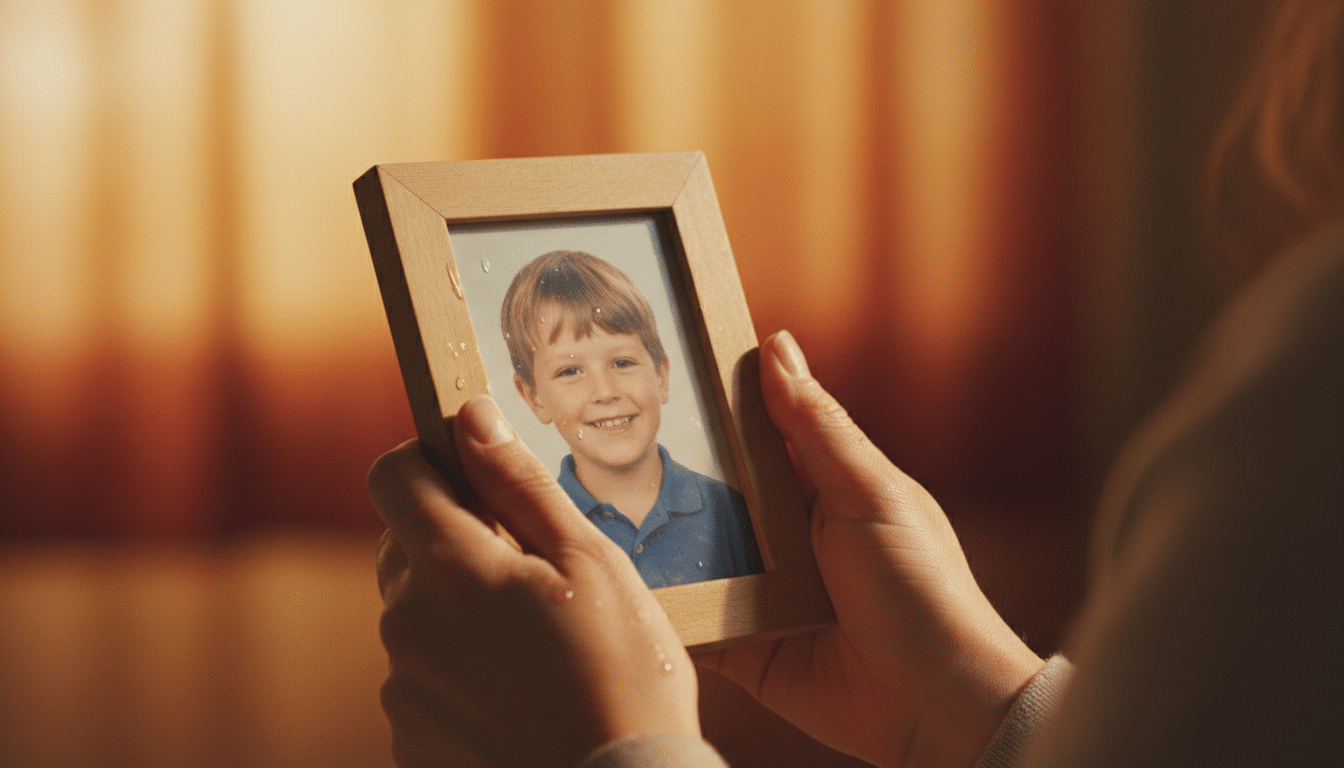 Mère tenant la photo scolaire de son fils