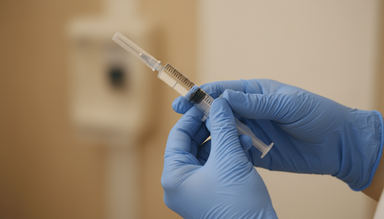 Seringue tenue par des mains gantées médicales