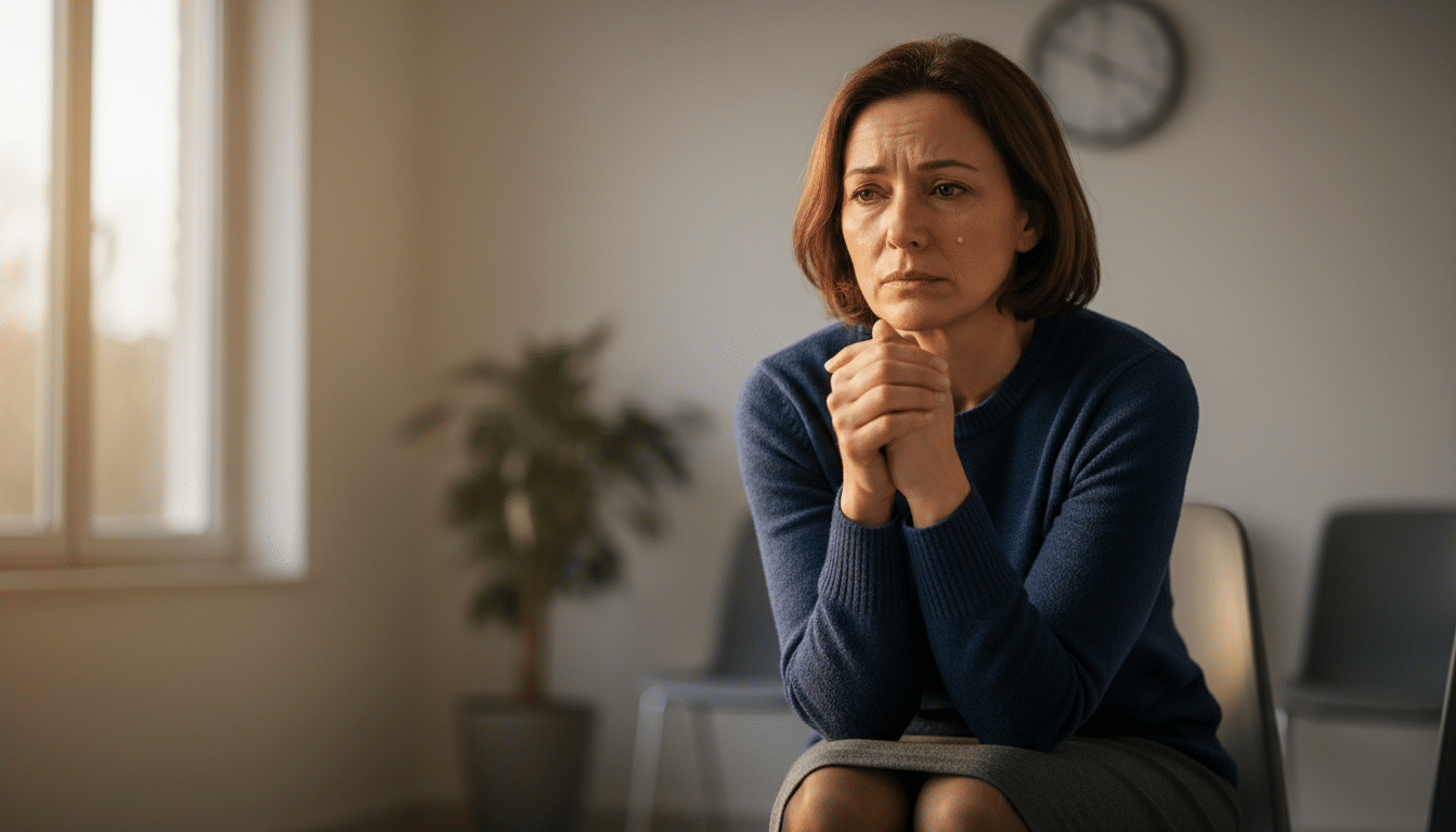 Femme inquiète dans une salle d'attente