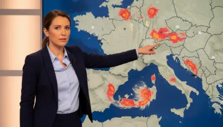 Prévisionniste indiquant les zones de vigilance sur carte France