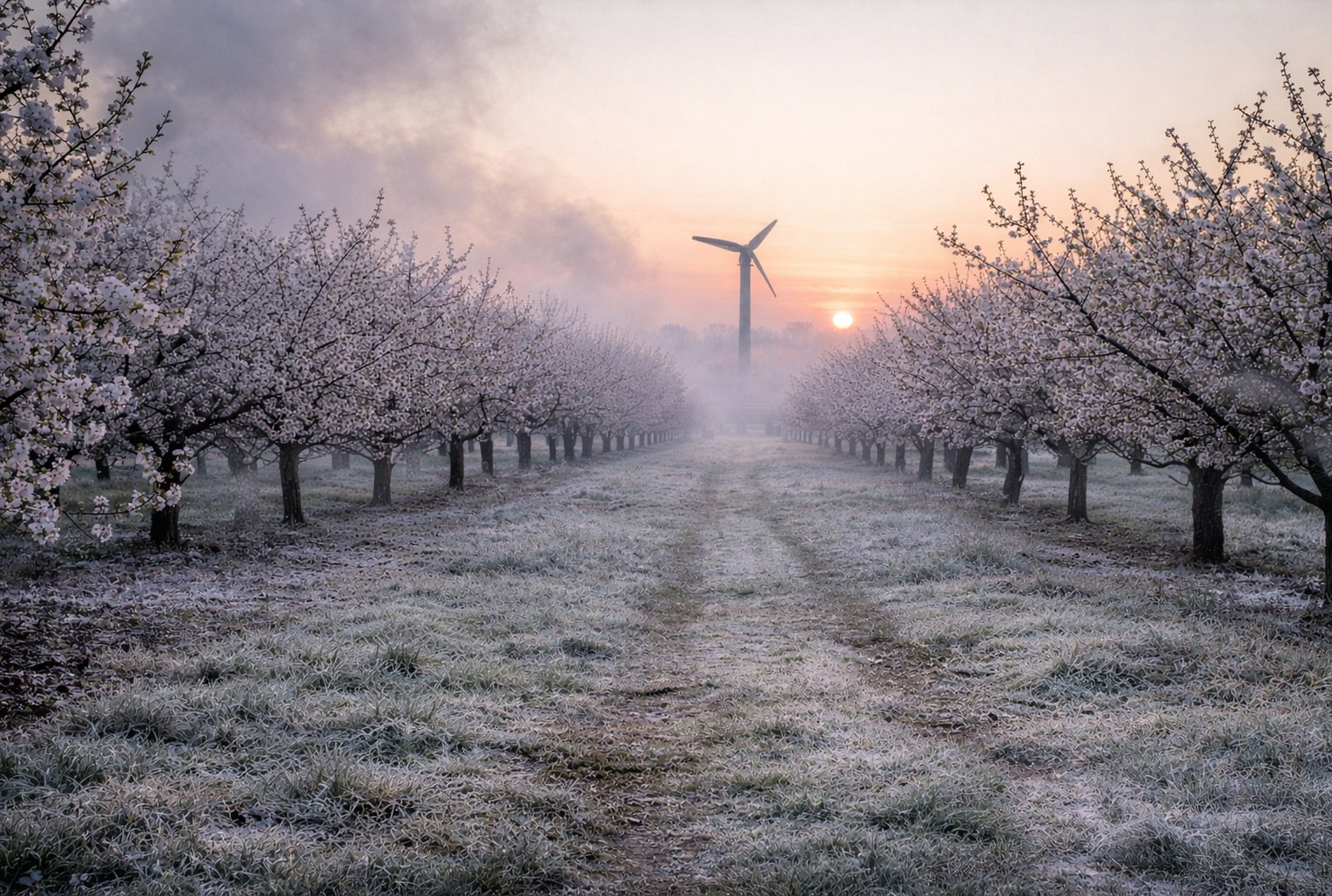 Verger sous le givre au lever du soleil, rangées d’arbres en fleurs, sans dispositif antigel visible.