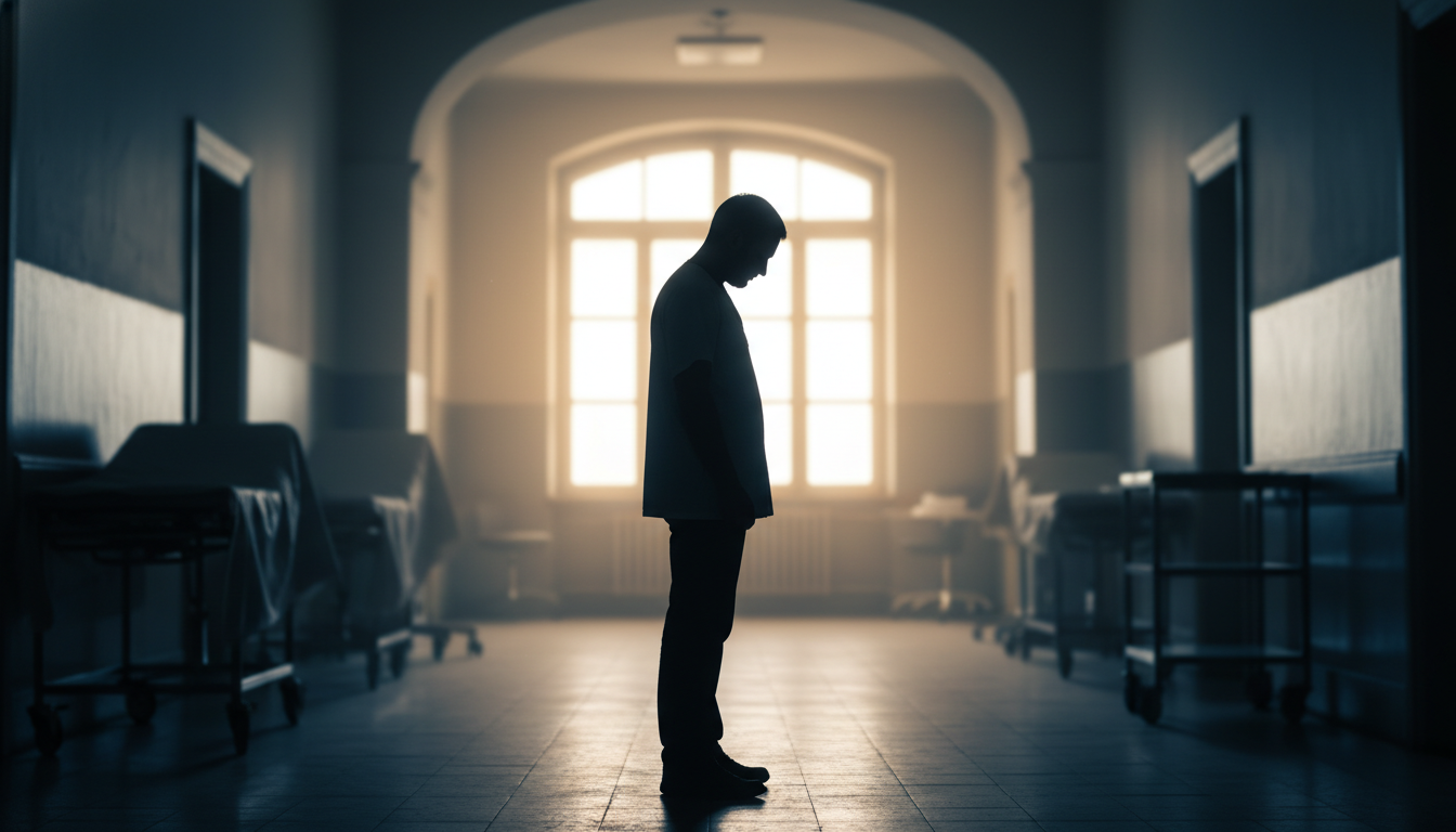 Enquêteur en silhouette dans un couloir sombre