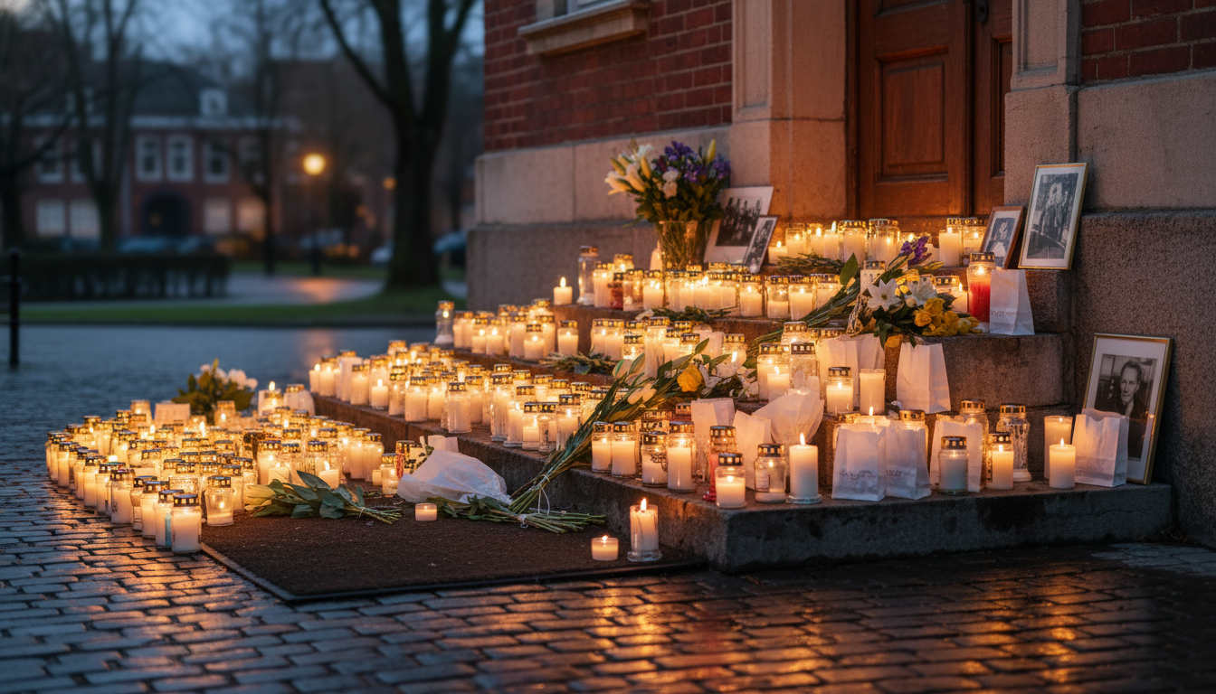 Hommage avec bougies et fleurs devant une porte
