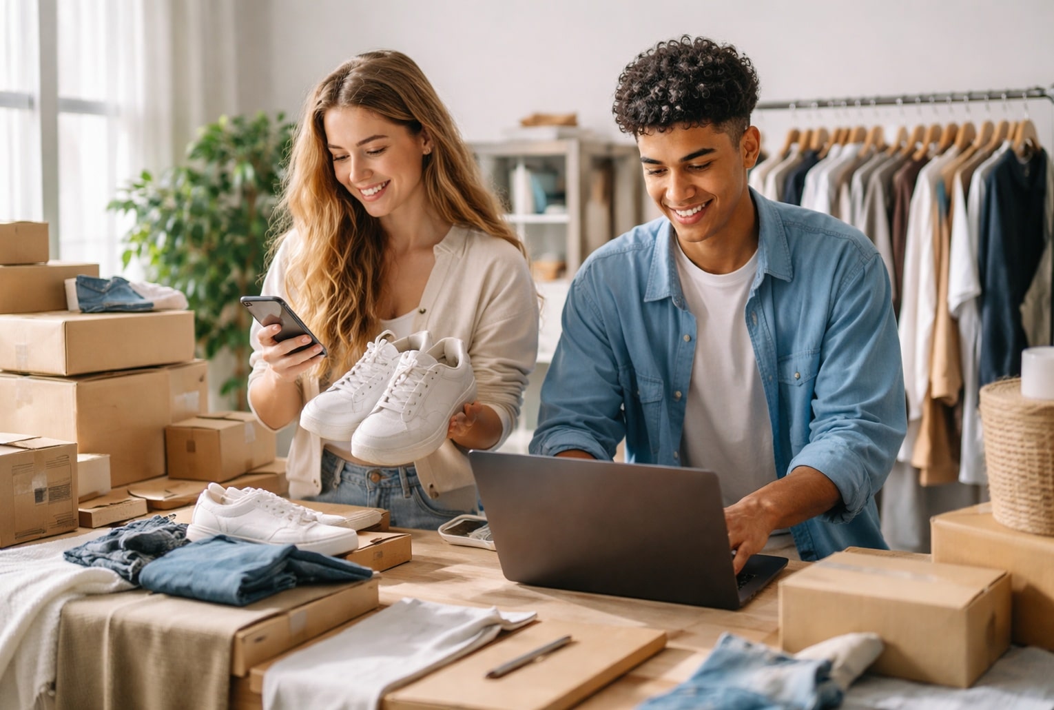 Deux jeunes adultes préparent et mettent en ligne des vêtements de seconde main depuis chez eux, illustration du business Vinted.