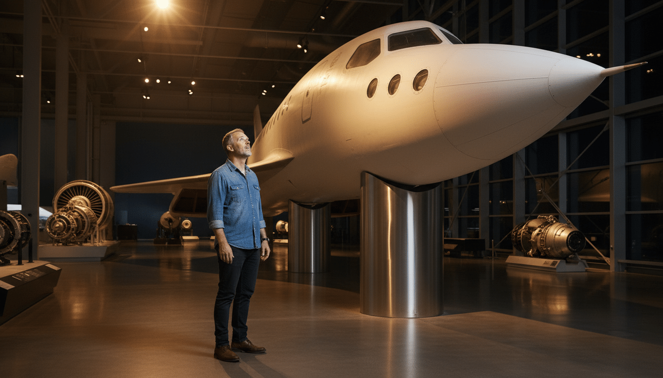 Visiteur admirant le nez du Boeing 2707 au musée