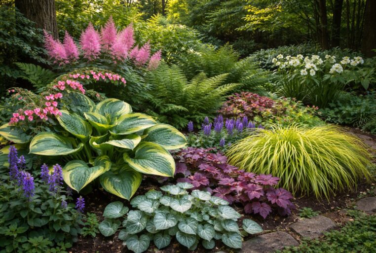 Massif de vivaces d’ombre avec hostas, fougères, astilbes roses et graminées dans un coin ombragé du jardin