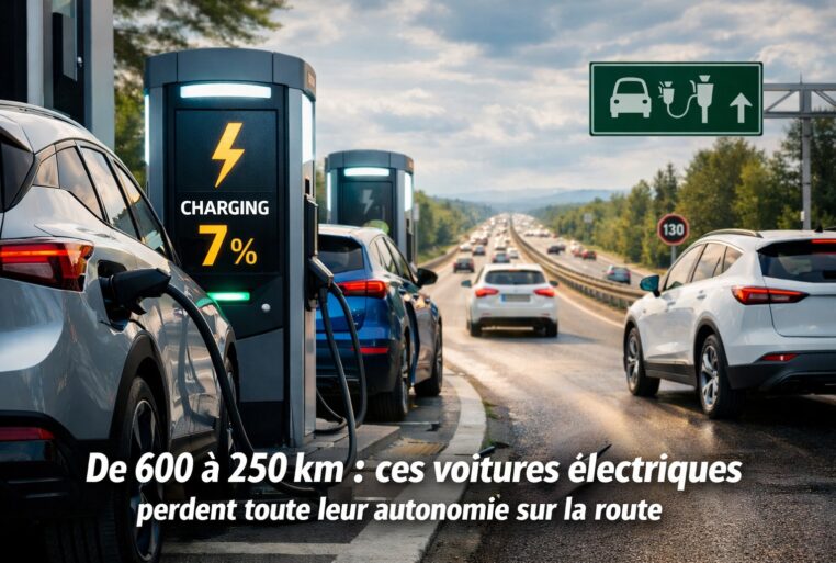 autonomie des voitures électriques sur autoroute avec plusieurs SUV branchés à des bornes rapides au bord d’une voie rapide