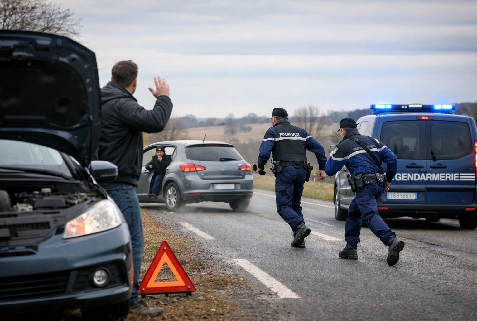 Vol de voiture : un automobiliste dépanne sur le bord de la route, les gendarmes interviennent après la fuite.